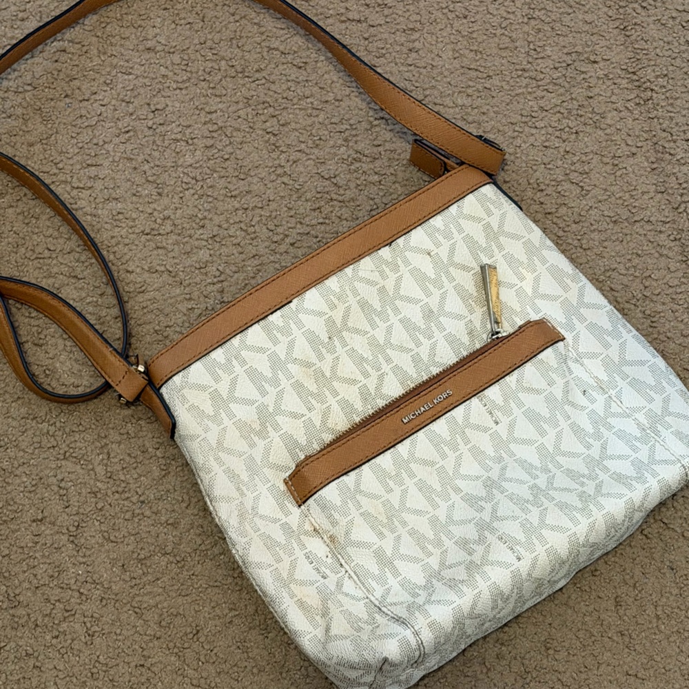 Michael Kors Cream & Tan MK Monogram Crossbody Bag